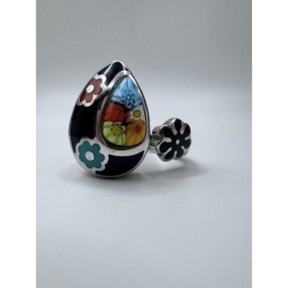 Vintage Millefiori Murano Glass & Enamel Toi Et Moi Sterling Silver Ring Size 8 - Picture 4 of 9